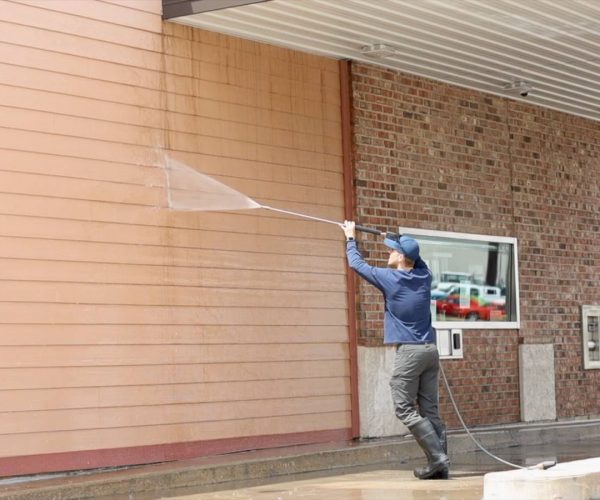pressure cleaning professional cleaning building in blue shirt with black sprayer