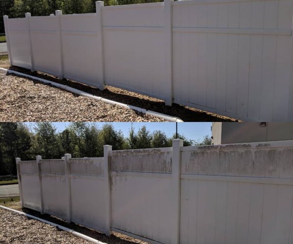 white fence with trees before and after cleaning